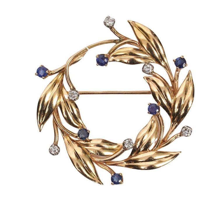 Tiffany & Co. 14K YG Diamond & Sapphire Brooch