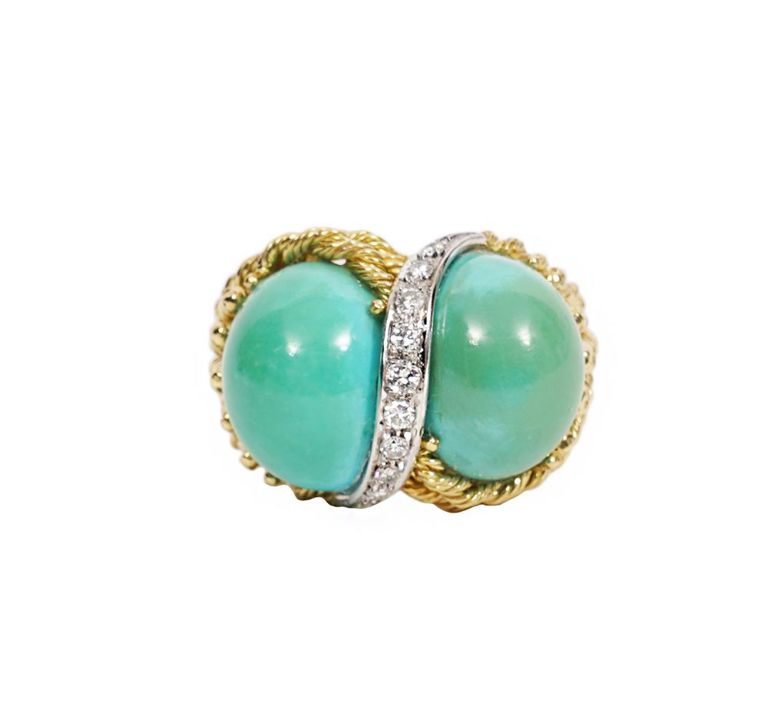 18K YG, Diamond & Turquoise Vintage Ring
