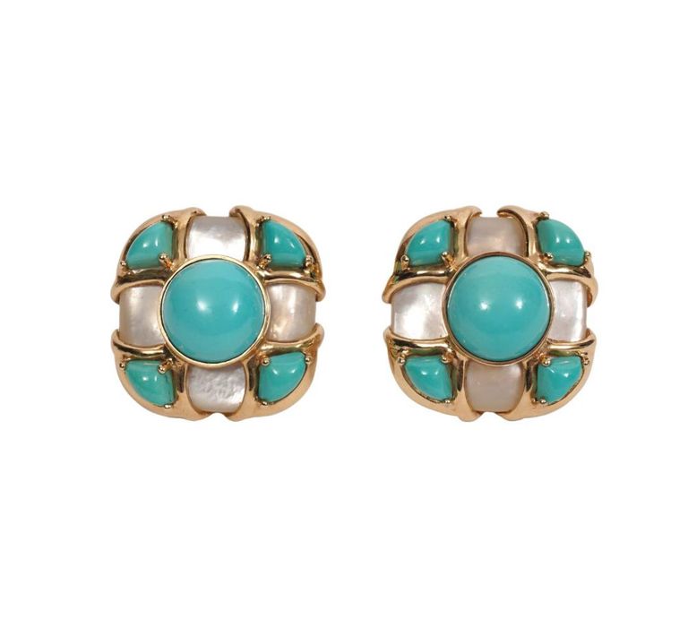 MAZ 14K YG, Turquoise & MOP Omega Clip Earrings