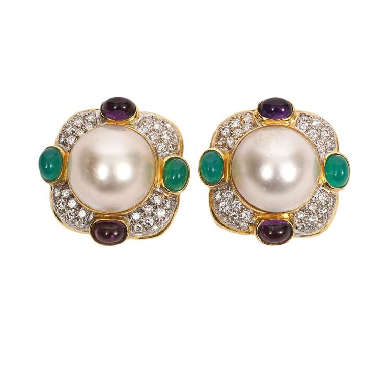 18K Pearl, Dia., Amethyst & Chrysoprase Earrings