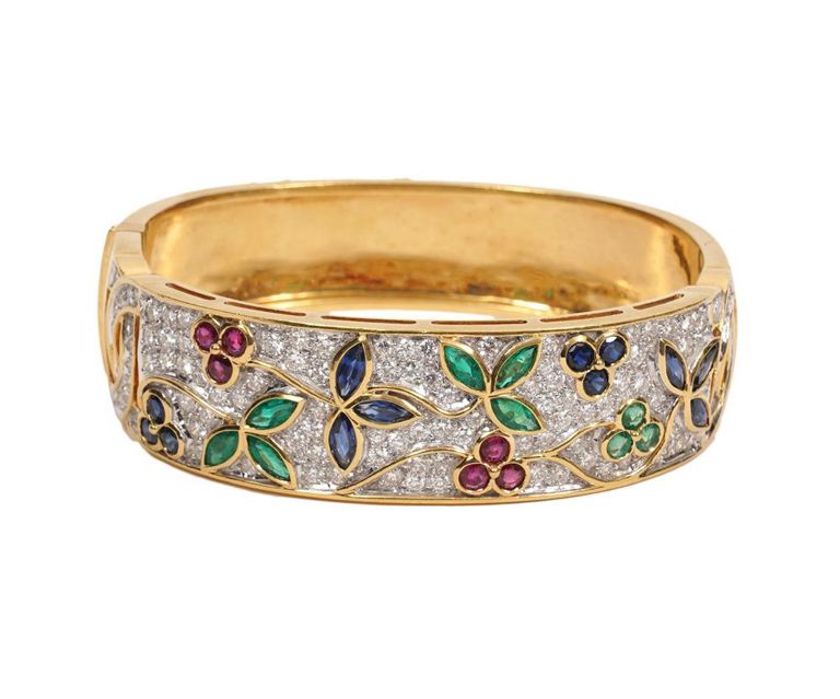 18K YG, Diamond, Ruby, Emerald, Sapphire Bangle
