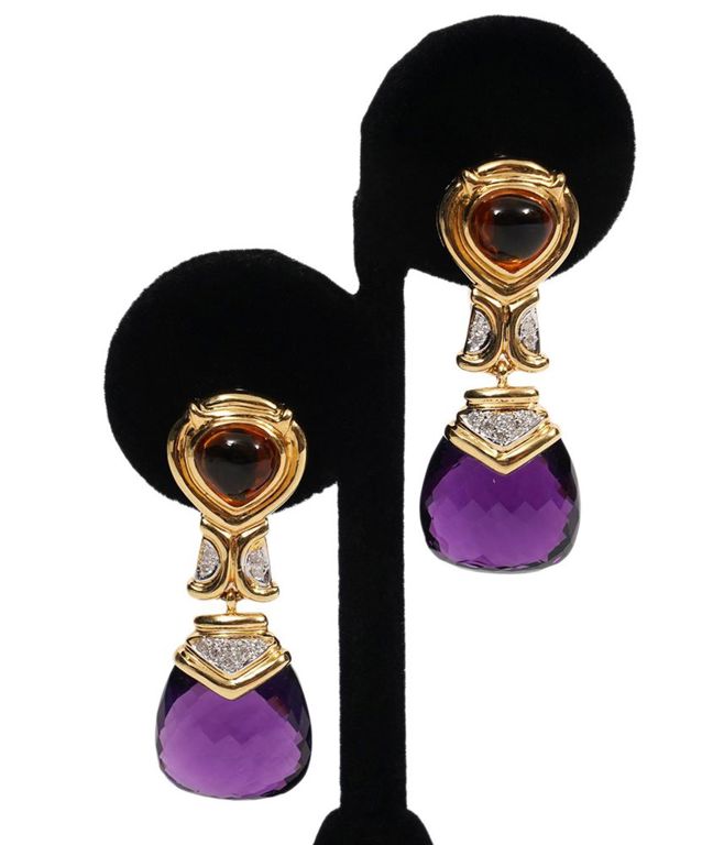 18K YG Diamond, Amethyst & Citrine Clip Earrings