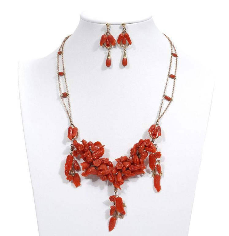Italian 10K YG & Salmon Coral Necklace & Earrings