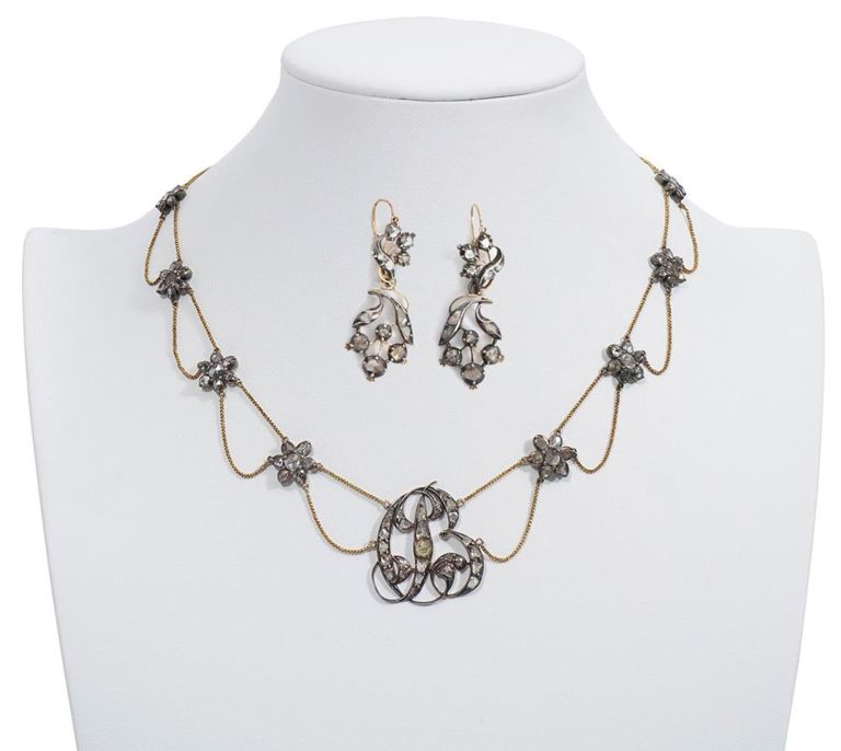 Victorian Diamond & 10K YG Necklace & Earring Set