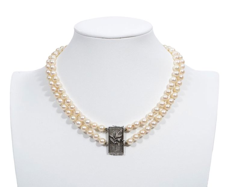 Vintage 18K WG & Diamond Pearl Necklace