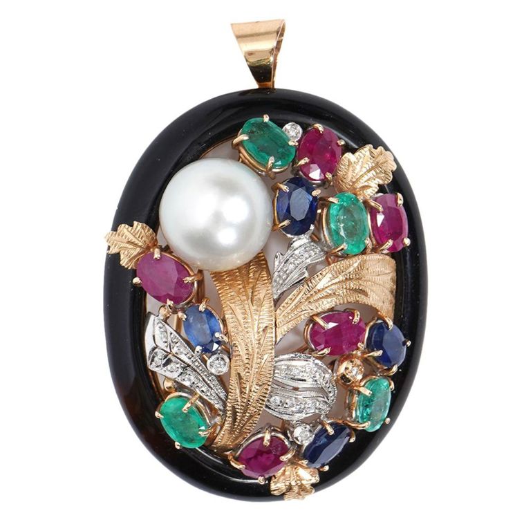 Large 14K Onyx, Pearl & Multi-Stone Pendant/Brooch