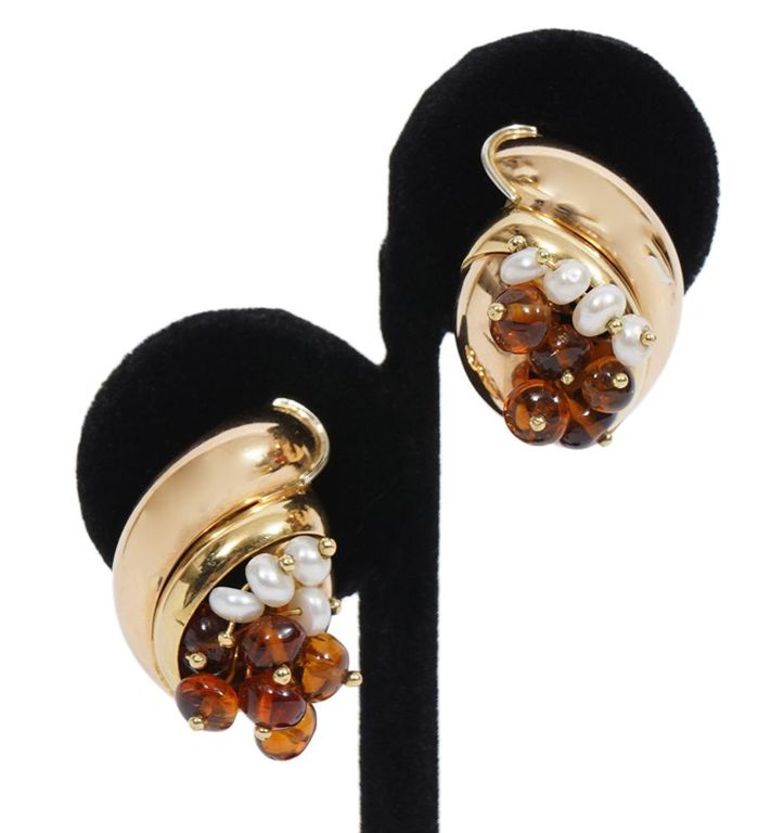 Pearl, Amber & 18K YG Italian Pierced Earrings