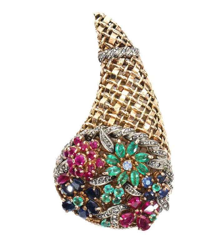 14K YG Diamond & Multi-Stone Cornucopia Pendant