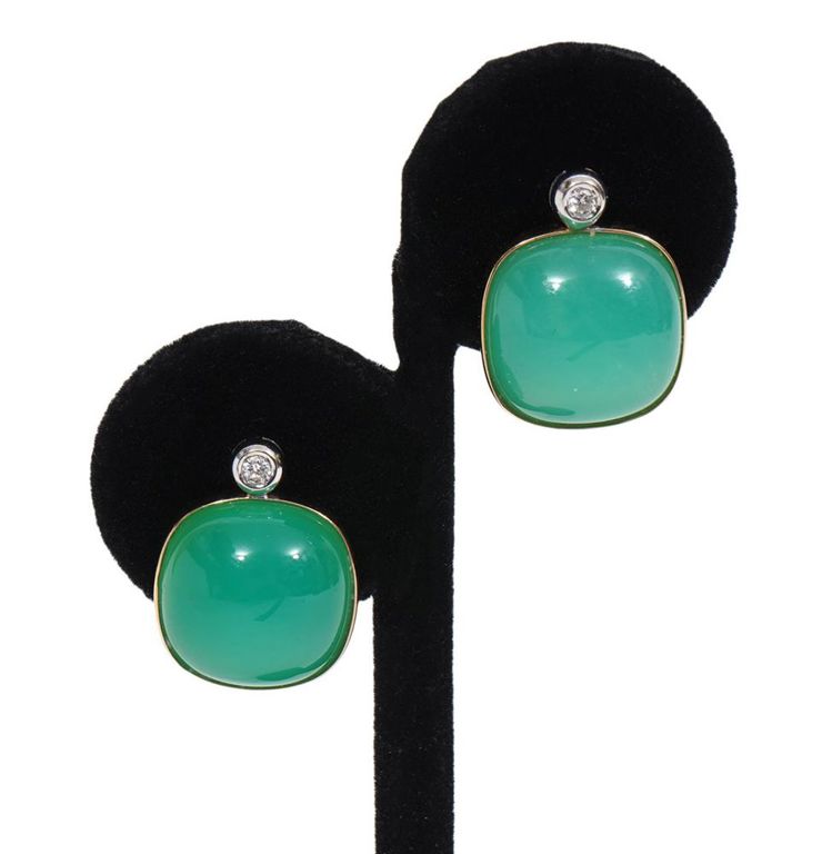 Pr. 18K YG Diamond & Chrysoprase Earrings