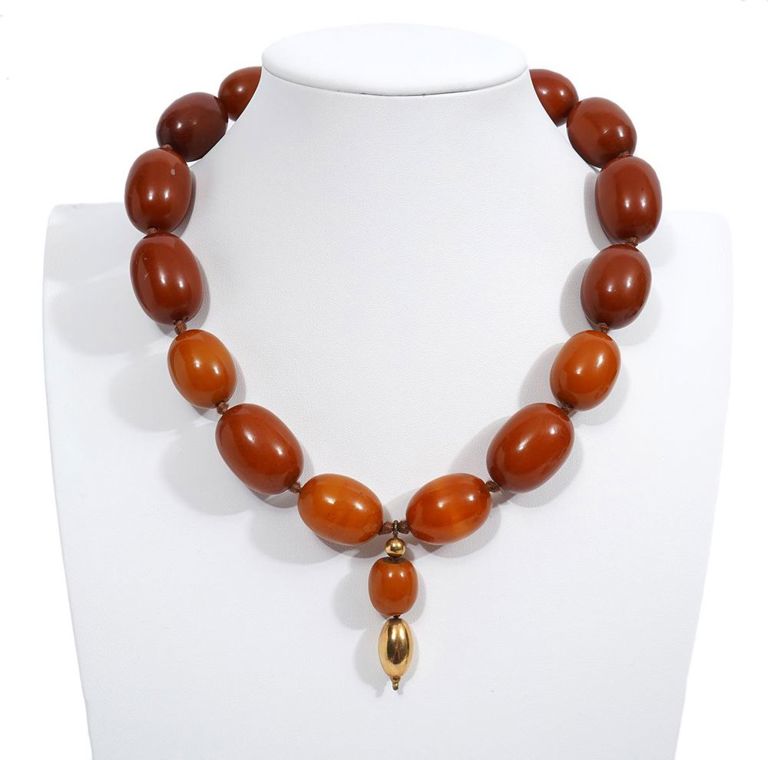 Vintage Natural Amber & 18K YG Bead Necklace