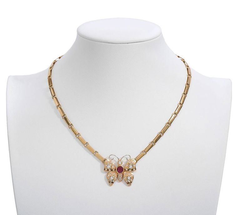 18K YG Diamond & Ruby Butterfly Italian Necklace