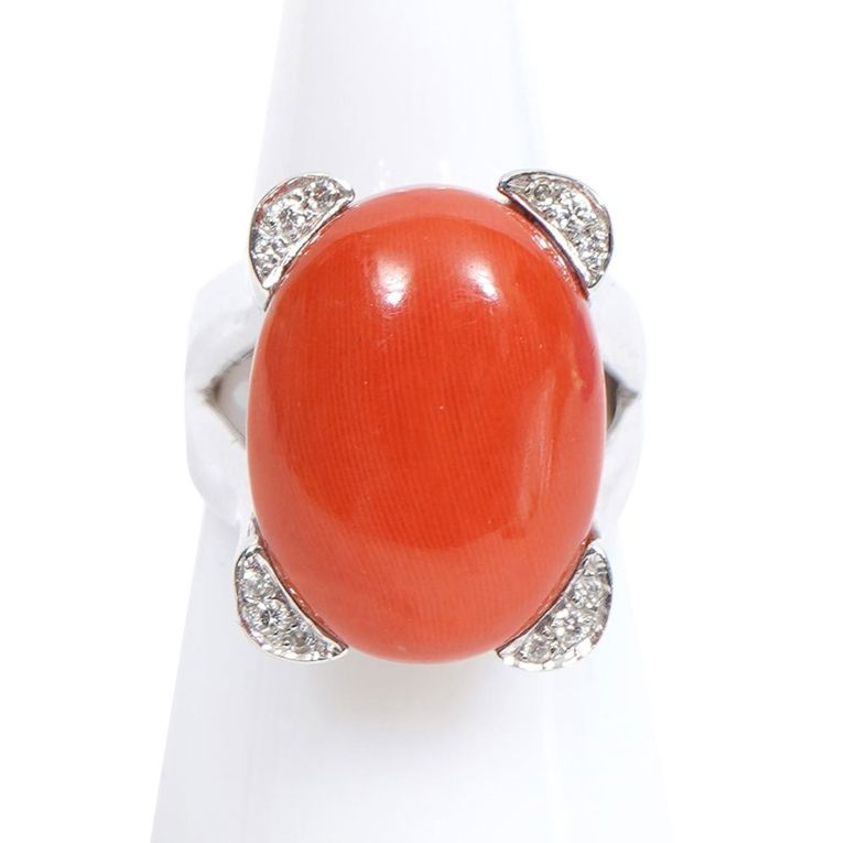 18K WG, Diamond & Natural Salmon Coral Ring