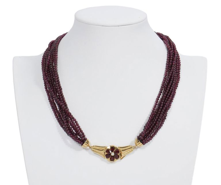 18K YG Italian Diamond & Garnet Bead Necklace
