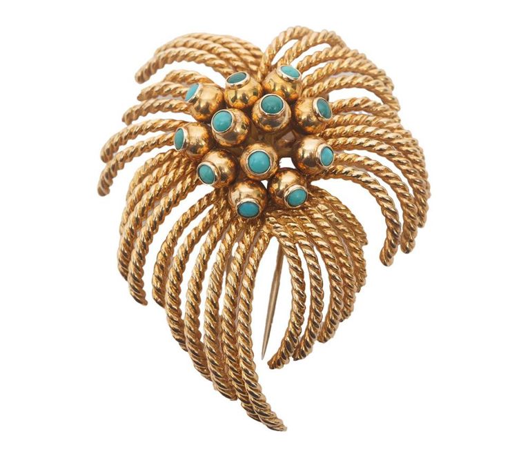18k yellow gold and turquoise floral spray brooch