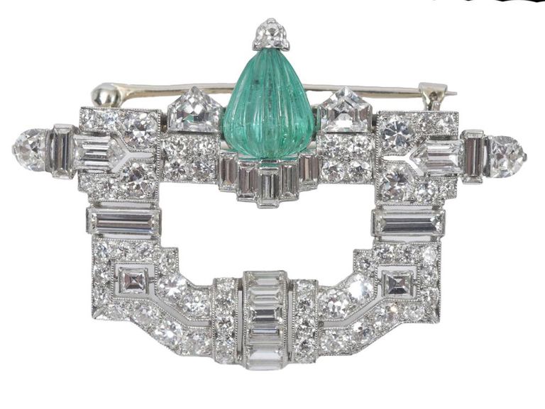 Art Deco platinum, diamond, and emerald dress clip or brooch