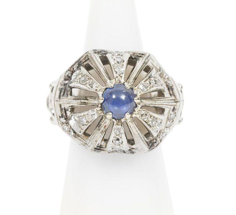 Unisex 14K WG, Cabochon Sapphire & Diamond Ring