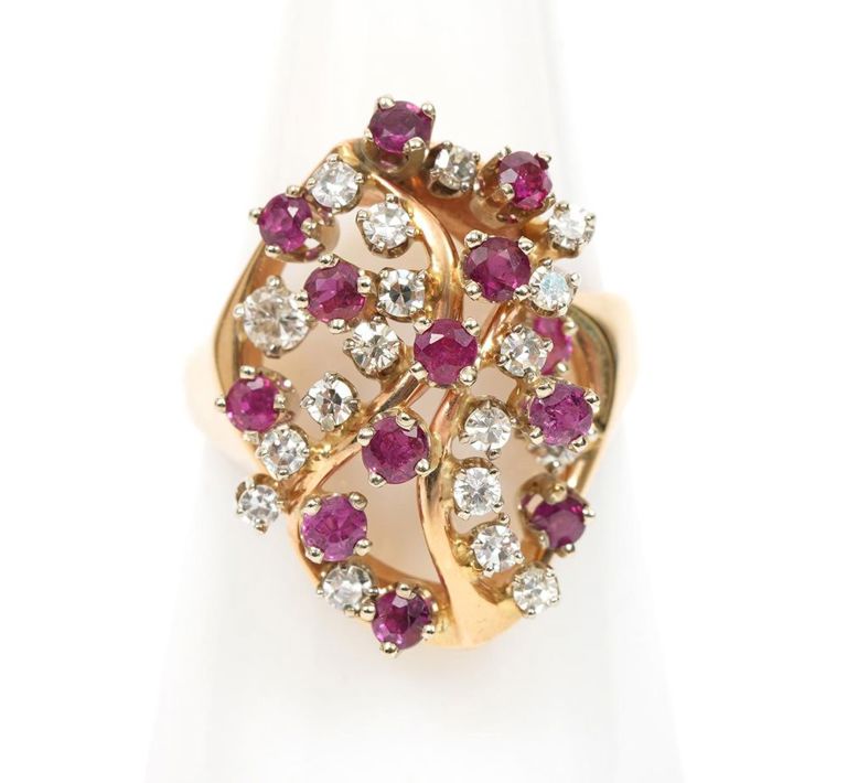 14K YG Ruby & Diamond Free Form Cluster Ring