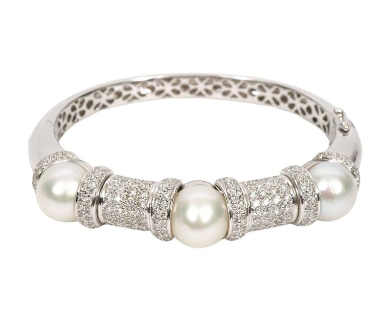 Contemporary Diamond & Pearl 18K WG Bangle