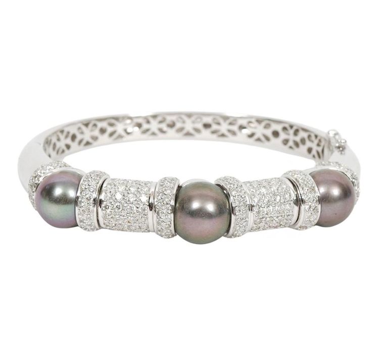 Diamond, Black Pearl & 18K WG Hinged Bangle