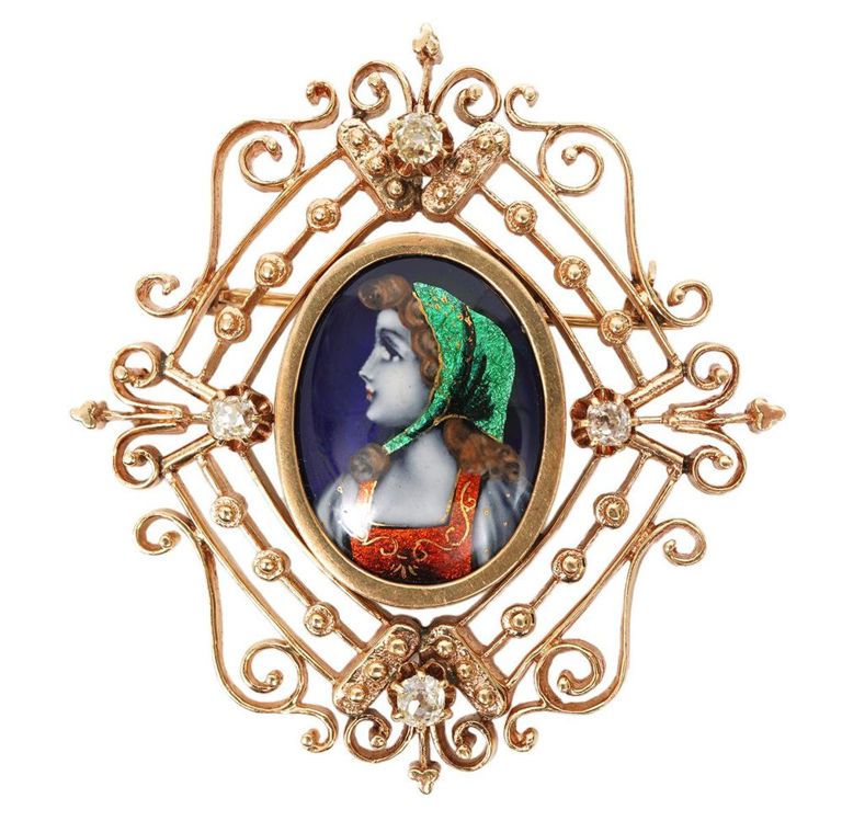 14K YG French Porcelain & Diamond Brooch