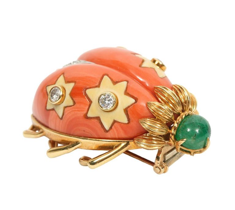 Estate Diamond, Coral & Emerald Ladybug Brooch