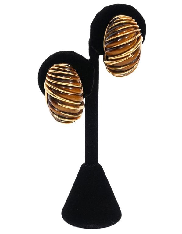 Pr. Vintage 18K YG Tiger Eye Earrings