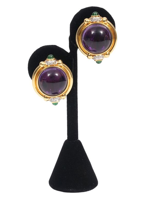 Pr. 18K YG Emerald, Diamond & Amethyst Earrings