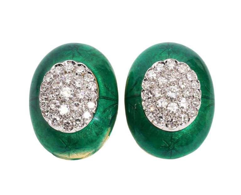 Diamond & Enamel 14K YG Clip Earrings