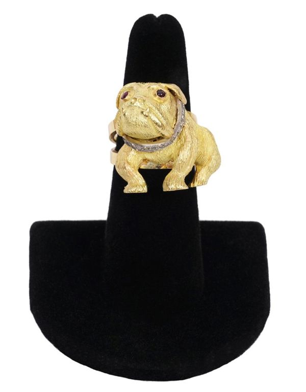 Diamond, Ruby & 18K Textured YG Bulldog Ring