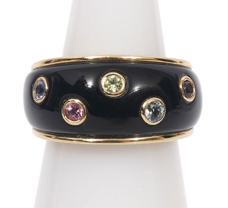 18K YG Multistone & Black Enamel Band