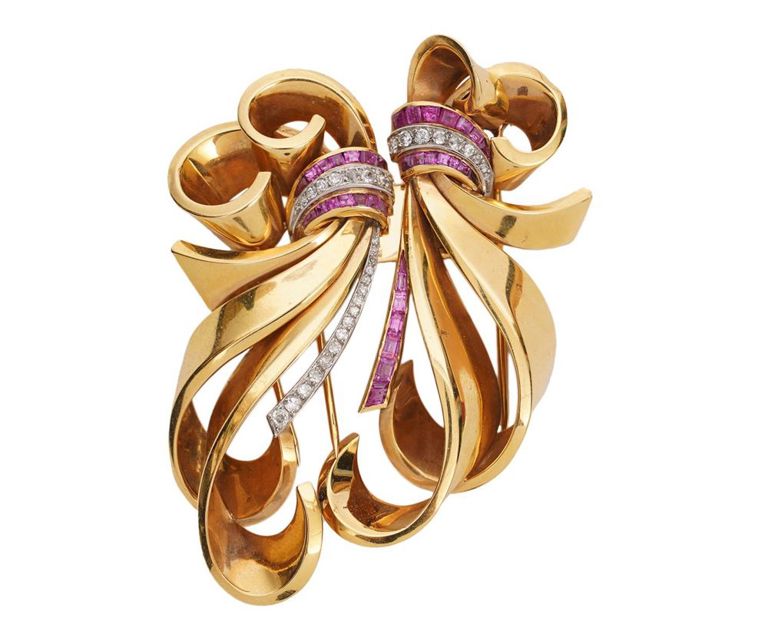 18K Gold, Diamond & Ruby Dual Dress Clip-Brooch