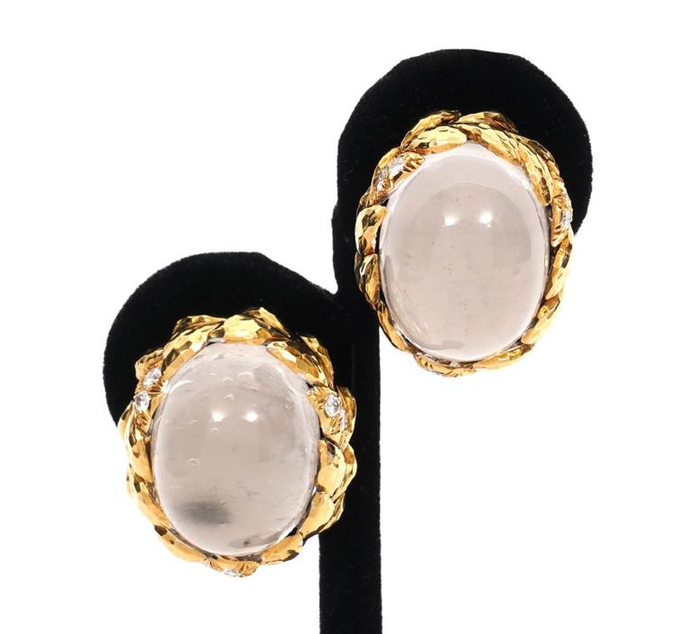 David Webb 18K YG, Diamond & Rock Crystal Earrings