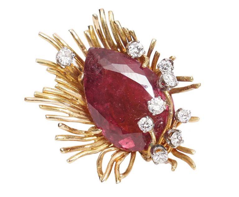 Diamond, Pink Tourmaline & 14K YG Brooch