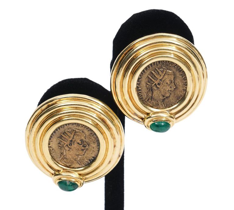 Pr. 14K YG Emerald & Coin Omega Clip Earrings