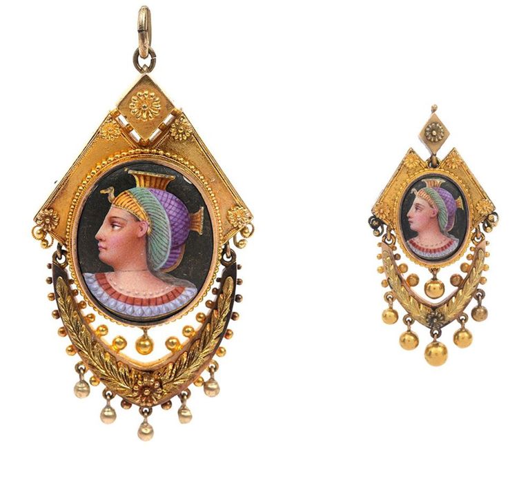 Two Egyptian Revival 14kt Gold & Enamel Pendants