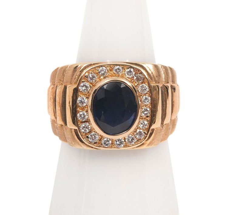 14K YG Diamond/Sapphire Rolex Style Ring