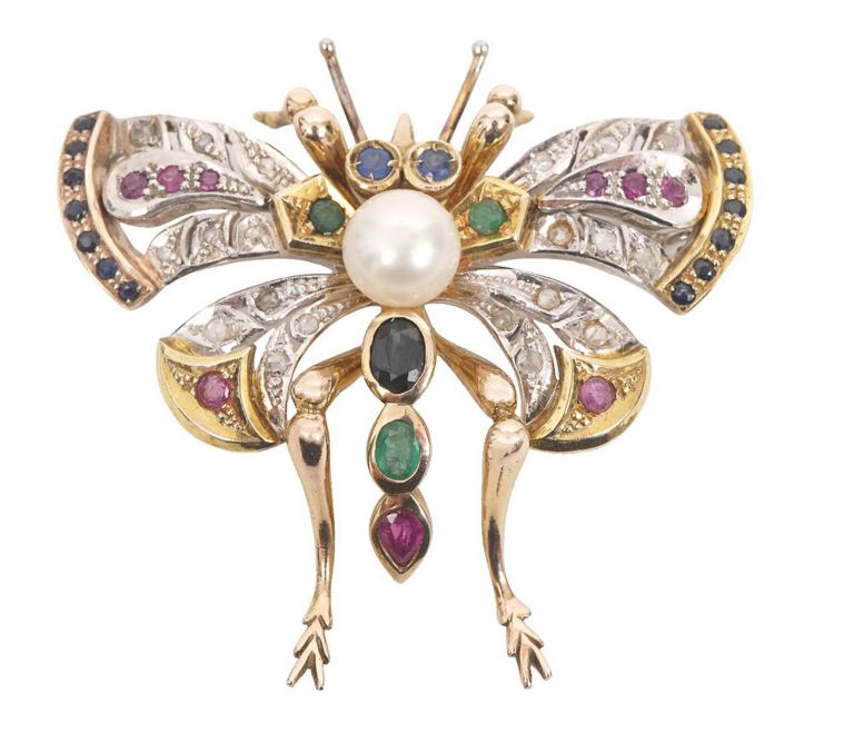 Diamond, Multi-Gem & Pearl 10K Butterfly Brooch