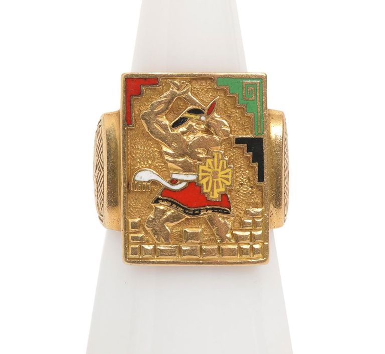 Gentleman's 18K YG Enamel Aztec Warrior Ring