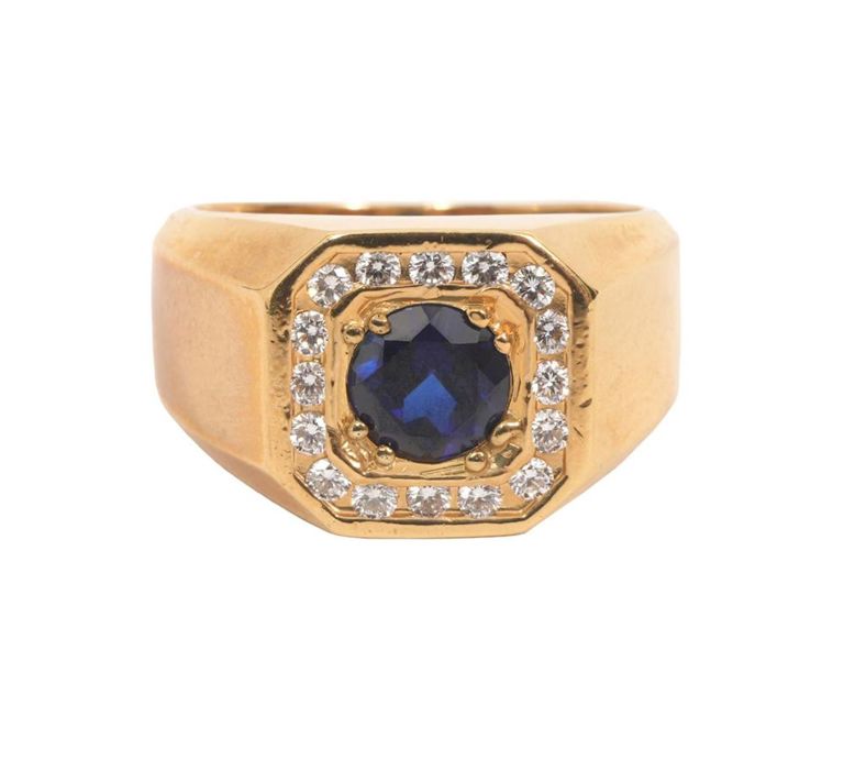 Gentleman's 18K YG Diamond & Sapphire Ring