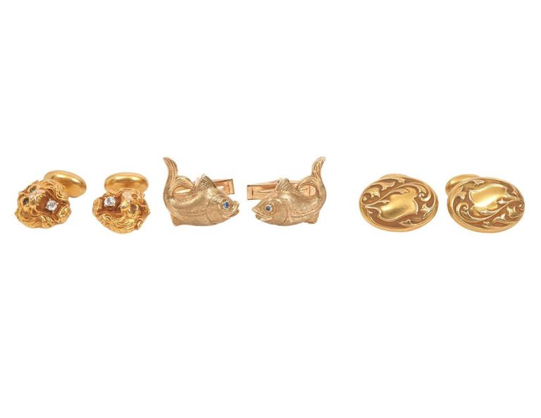 Gold Art Nouveau, Lions Heads, Fish Cufflinks