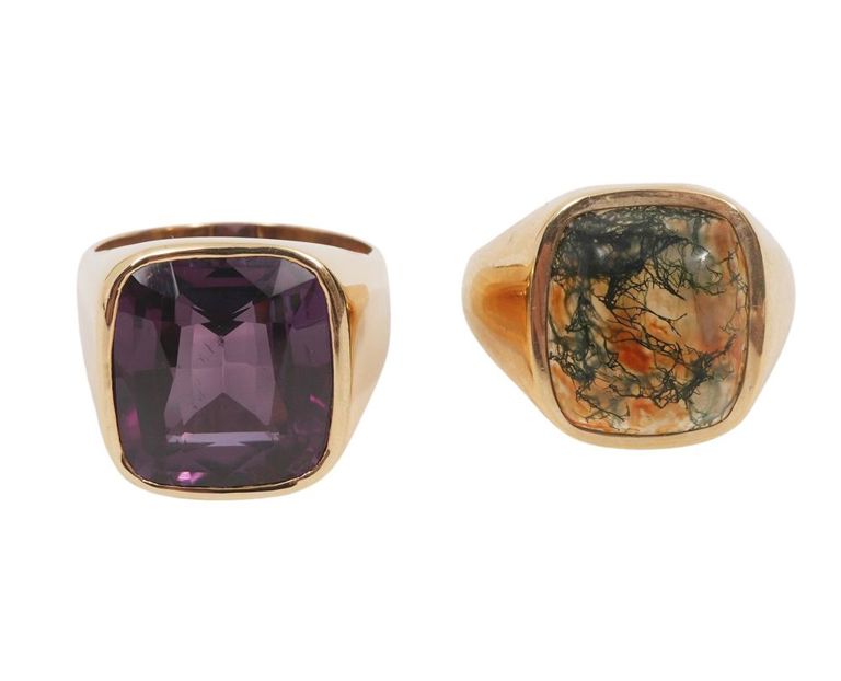 14K YG Alexandrite Ring & 14K Moss Agate Ring