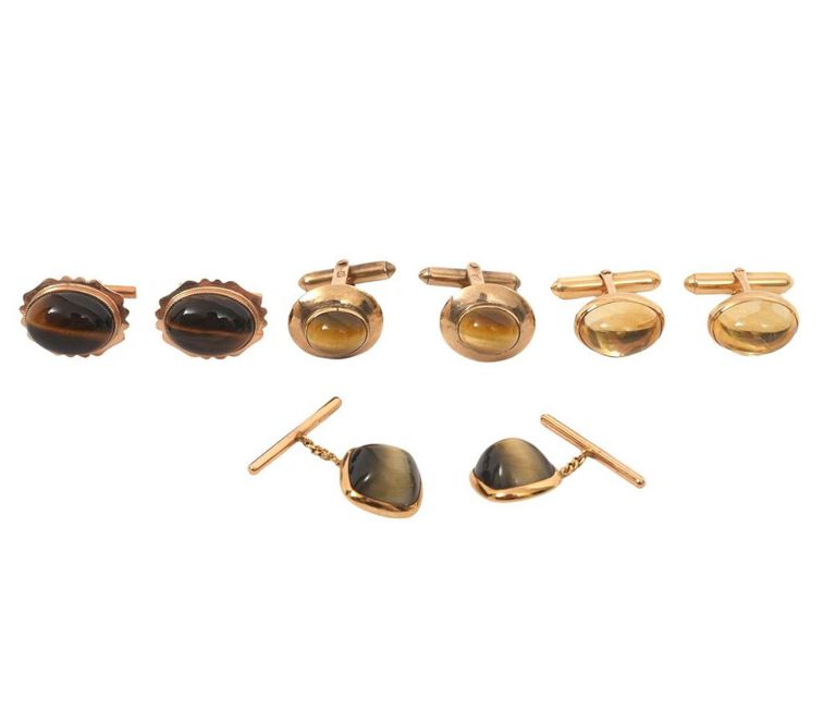 Pr. Citrine, 2 Pr. Cats Eye & Tiger Eye Cufflinks