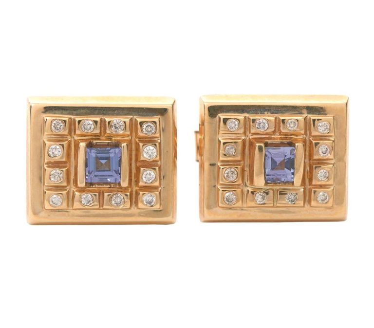 Pair of 14K YG Diamond and Tanzanite Cufflinks