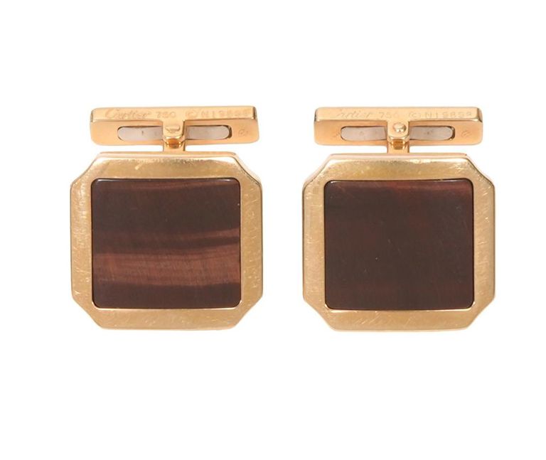 Pr. Cartier 18K YG & Tiger's Eye Santos Cufflinks