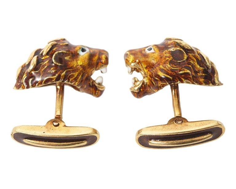 Pair of 18K YG and Enamel Lion Head Cufflinks