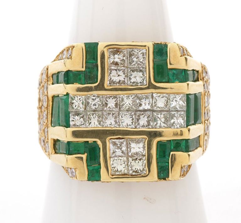 Men's 18K YG, Diamond & Emerald Ring