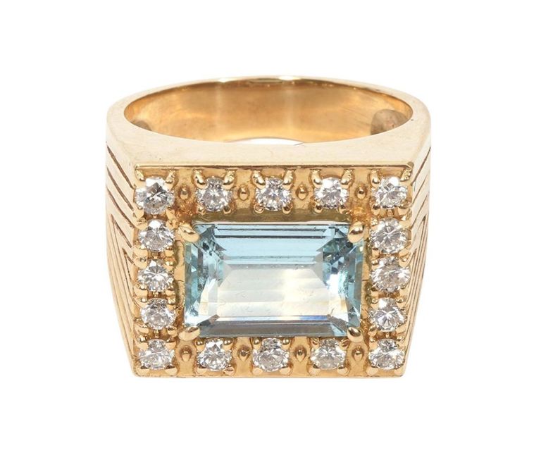 Men's 18K YG, Diamond and Aquamarine Ring