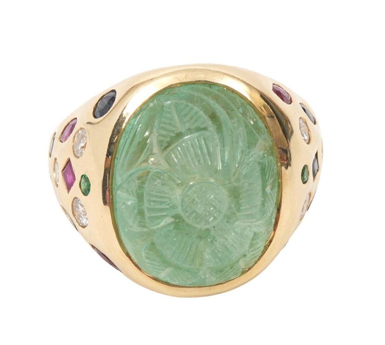Men's 14K YG Emerald, Ruby, Diamond, Sapphire Ring