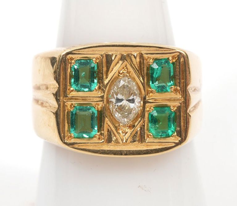 Men's 18K YG, Diamond and Emerald Ring