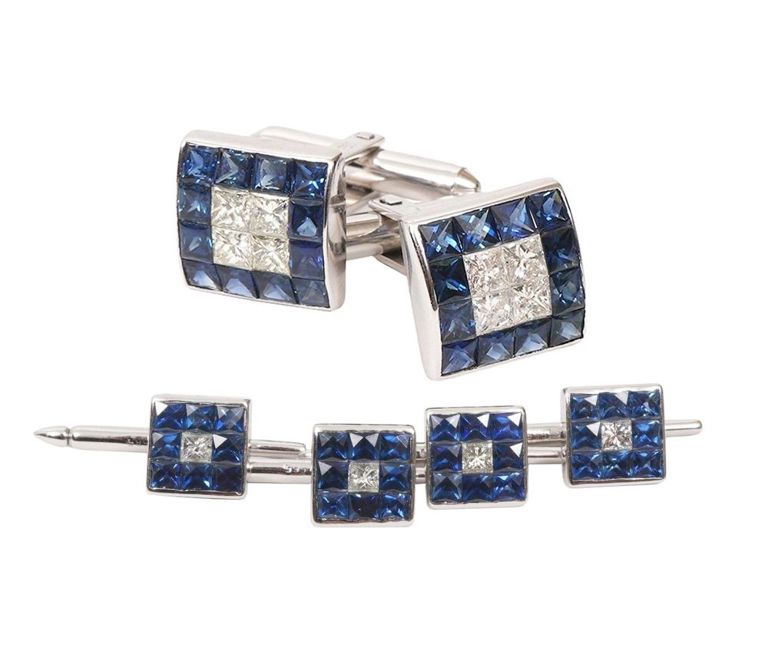 Pr 18K WG, Sapphire & Diamond Cufflinks & 4 Studs